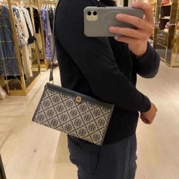 NWT! NEW! Tory Burch T Monogram Jacquard Mini Pouchette Navy 2 in 1 Shoulder Bag - Picture 14 of 16